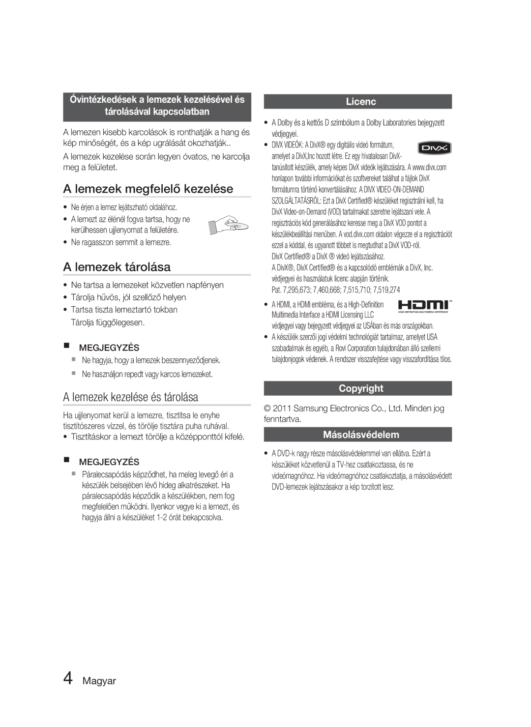 Samsung HT-D720/XE manual Lemezek megfelelő kezelése, Lemezek tárolása, Lemezek kezelése és tárolása 