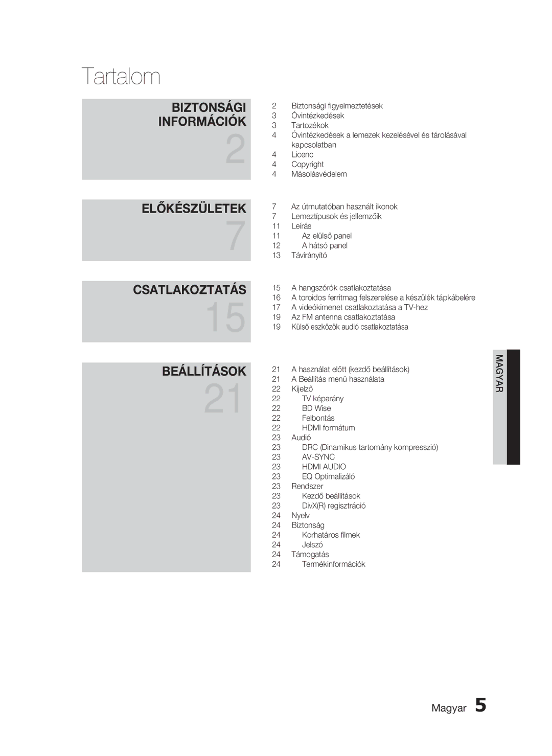 Samsung HT-D720/XE manual Tartalom, AV-SYNC Hdmi Audio 