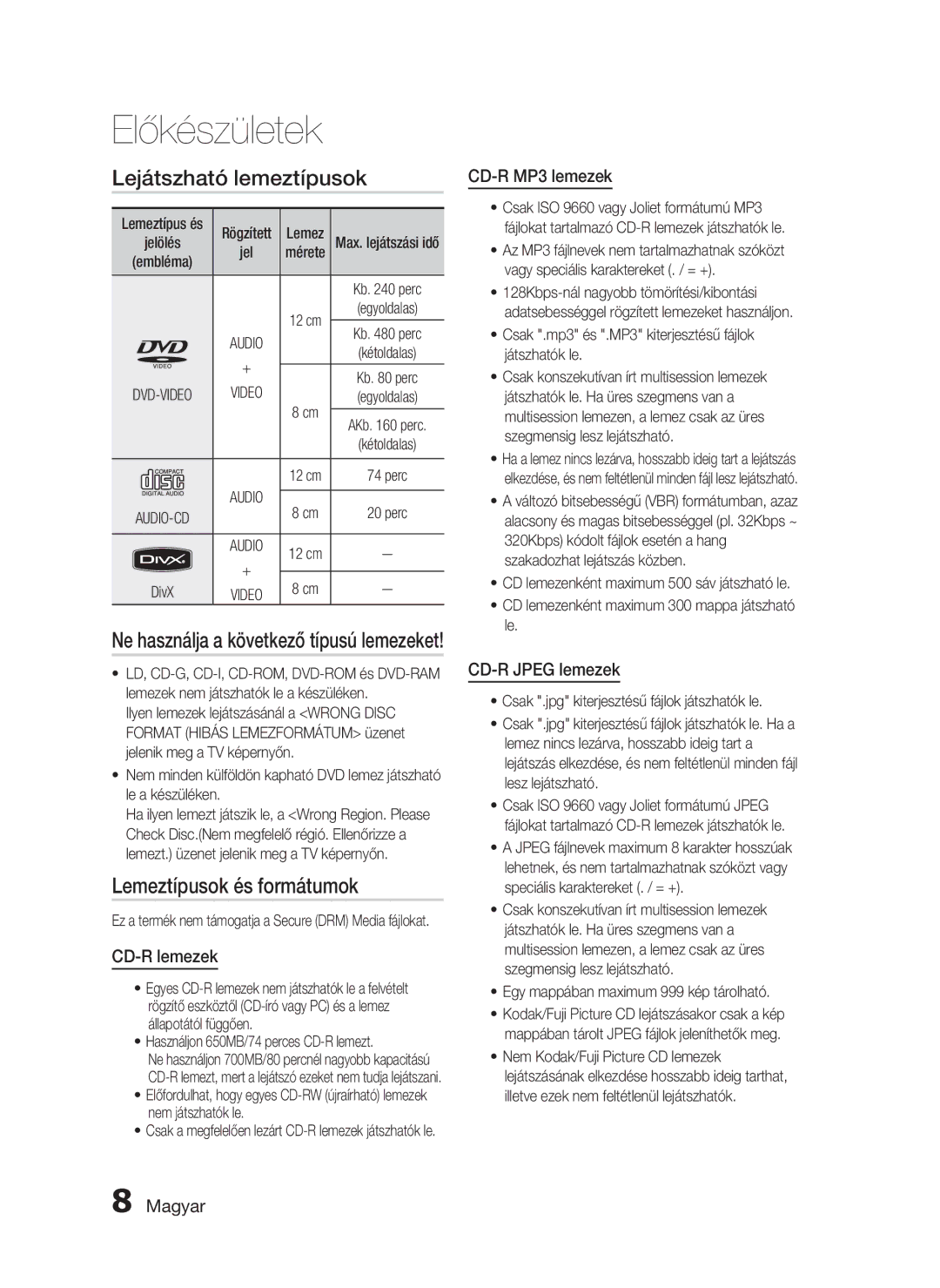 Samsung HT-D720/XE manual Lejátszható lemeztípusok, Lemeztípusok és formátumok 