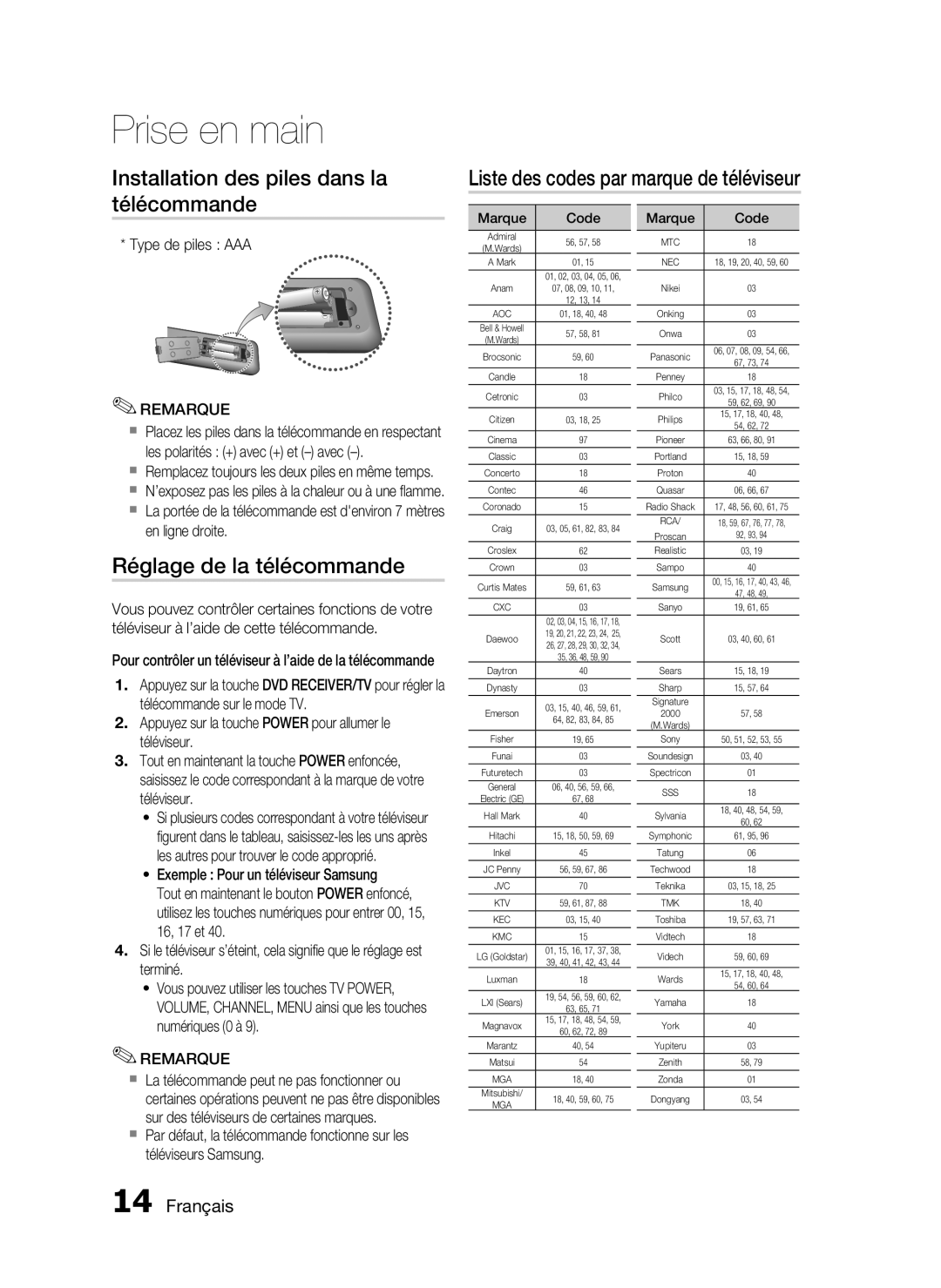 Samsung HT-D720/ZF Réglage de la télécommande, Type de piles AAA, Appuyez sur la touche Power pour allumer le téléviseur 