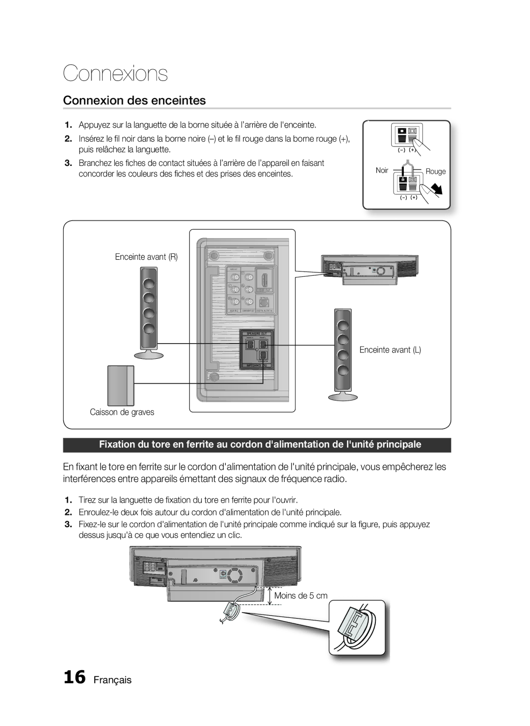 Samsung HT-D720/ZF manual Connexion des enceintes, Enceinte avant R Enceinte avant L Caisson de graves, Moins de 5 cm 