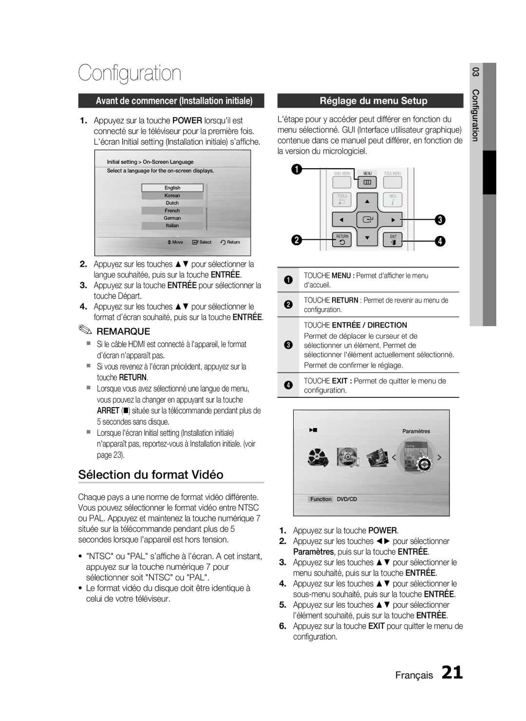 Samsung HT-D720/ZF manual Configuration, Sélection du format Vidéo, Réglage du menu Setup, Appuyez sur la touche Power 