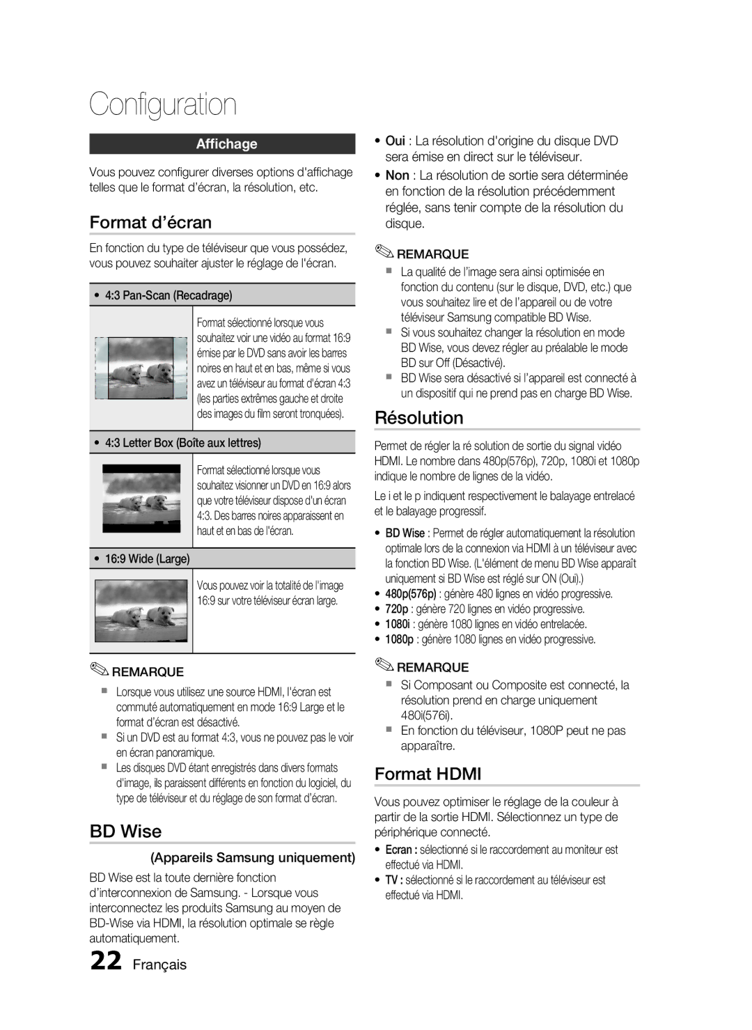 Samsung HT-D720/ZF manual Format d’écran, BD Wise, Résolution, Format Hdmi, Affichage 