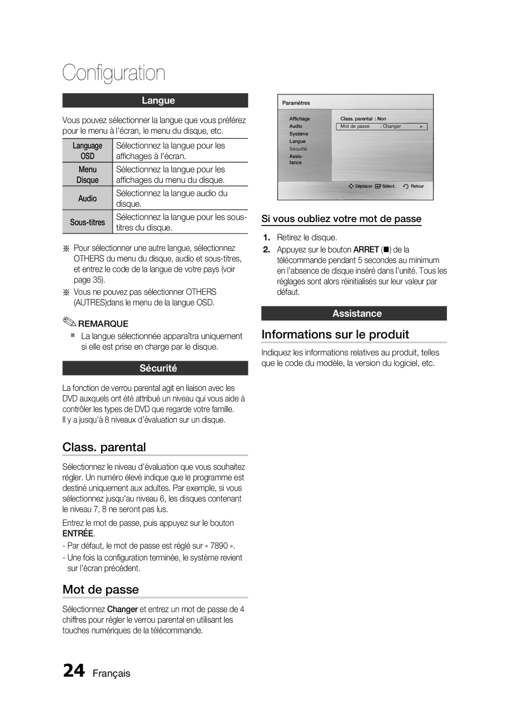 Samsung HT-D720/ZF manual Class. parental, Mot de passe, Informations sur le produit 