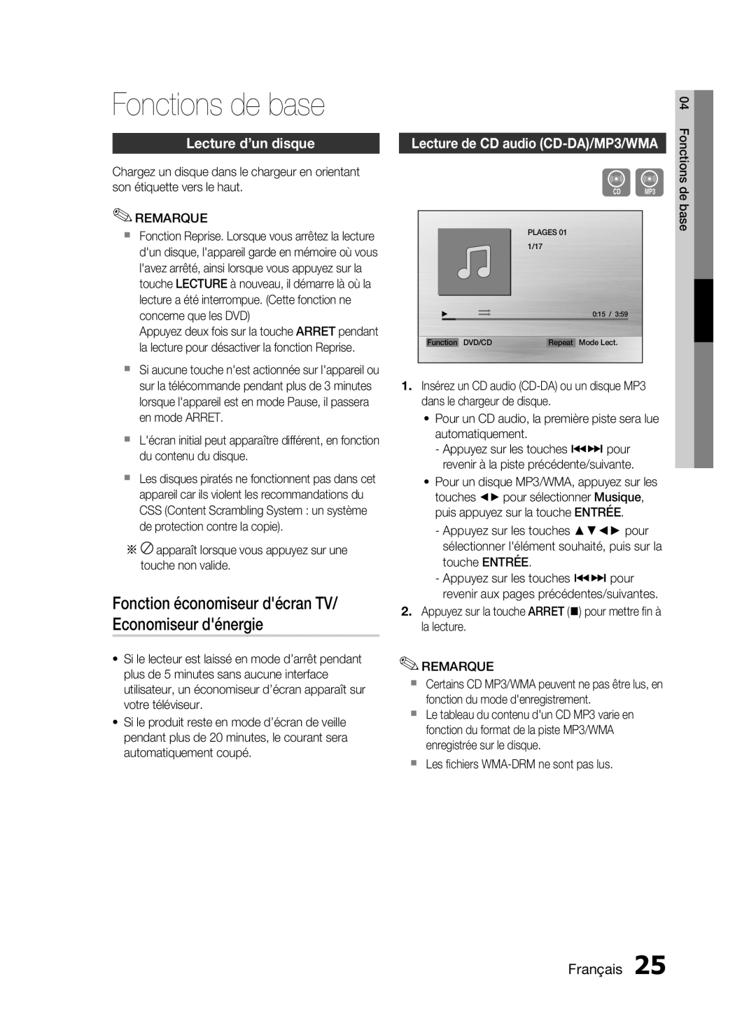 Samsung HT-D720/ZF manual Fonctions de base, Lecture d’un disque, Lecture de CD audio CD-DA/MP3/WMA 