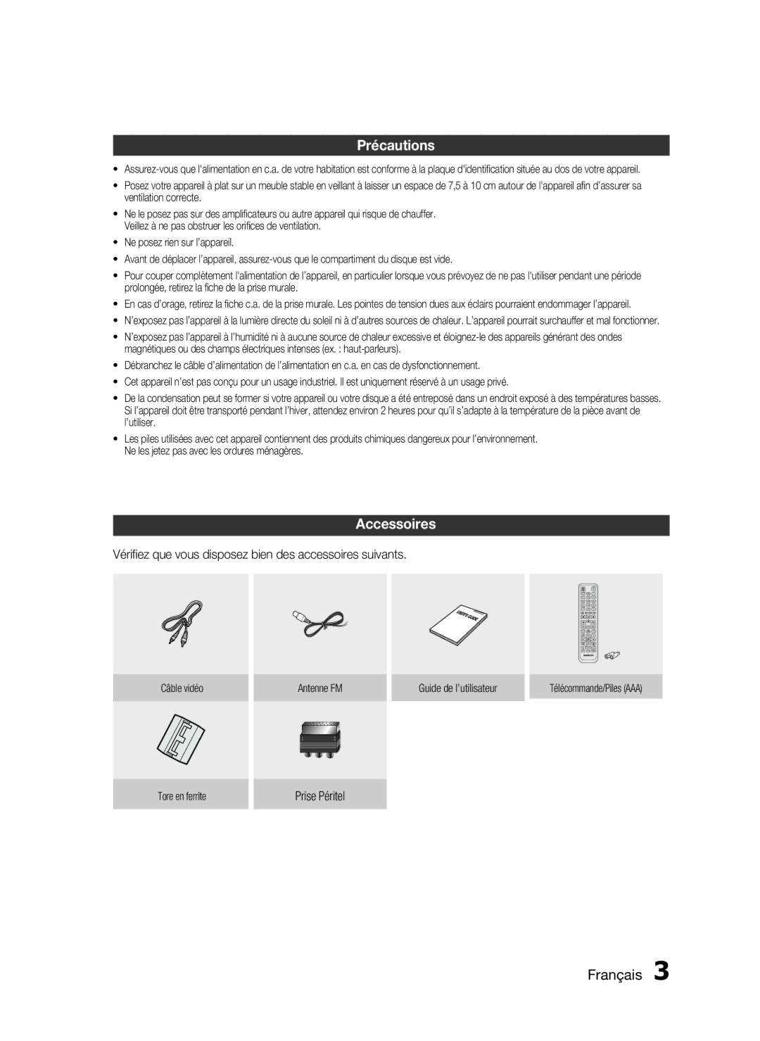 Samsung HT-D720/ZF manual Précautions, Accessoires, Français , Vérifiez que vous disposez bien des accessoires suivants 