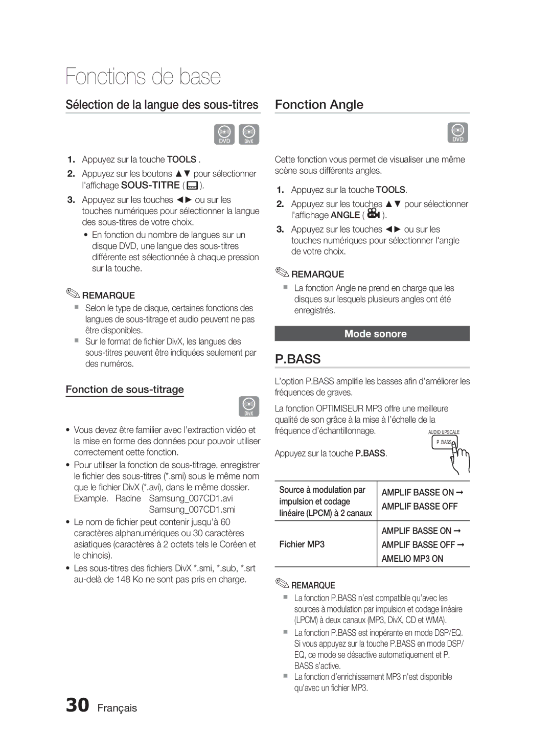 Samsung HT-D720/ZF manual Fonction Angle, Fonction de sous-titrage, Mode sonore 