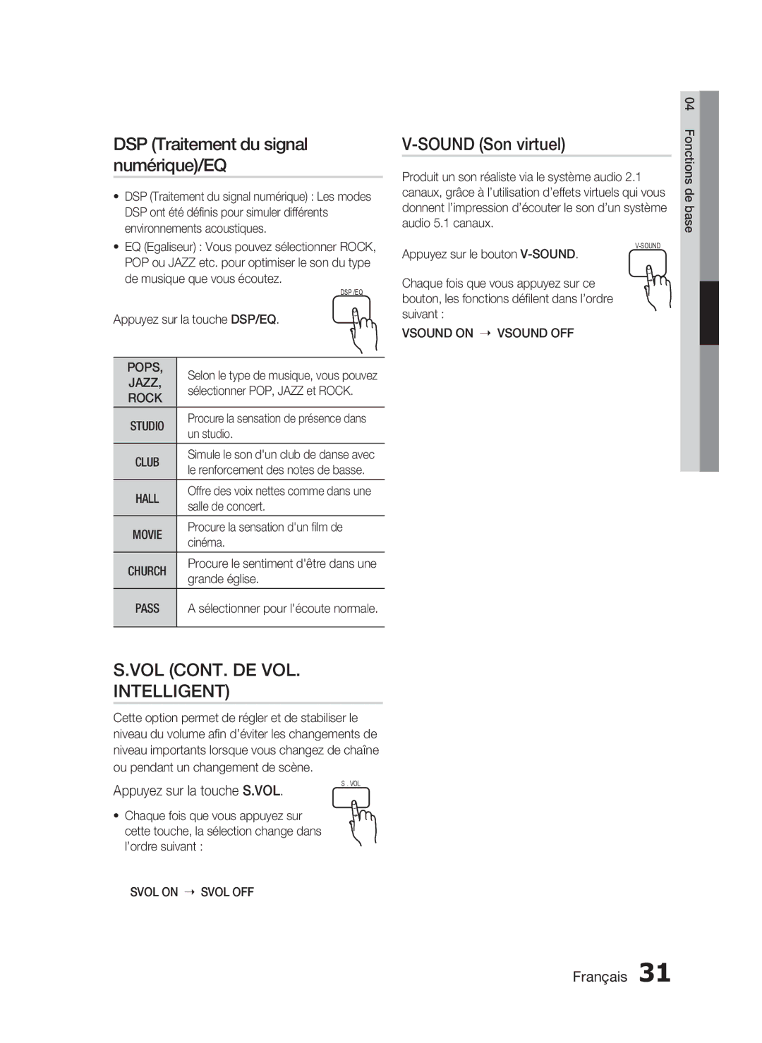 Samsung HT-D720/ZF manual DSP Traitement du signal numérique/EQ, Sound Son virtuel, Appuyez sur la touche S.VOL 