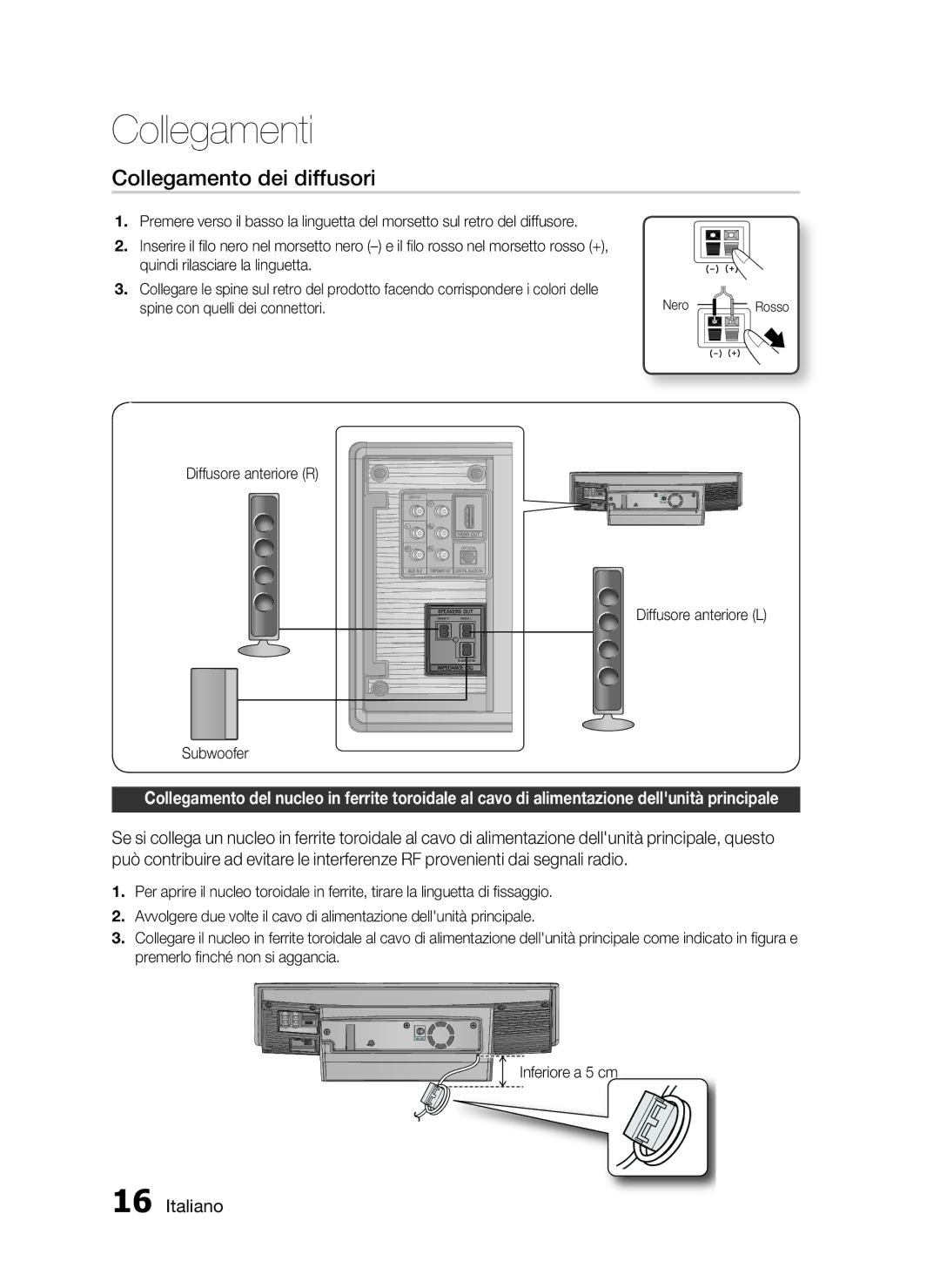 Samsung HT-D720/ZF Collegamento dei diffusori, Diffusore anteriore R Diffusore anteriore L Subwoofer, Inferiore a 5 cm 