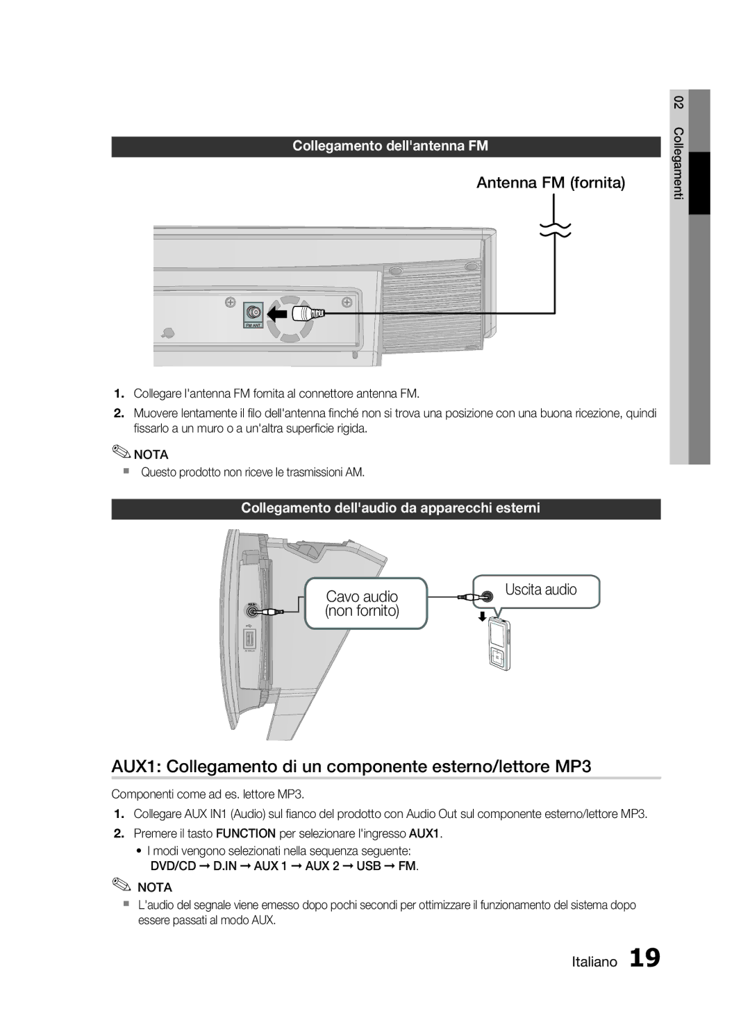 Samsung HT-D720/ZF manual AUX1 Collegamento di un componente esterno/lettore MP3, Collegamento dellantenna FM, Uscita audio 