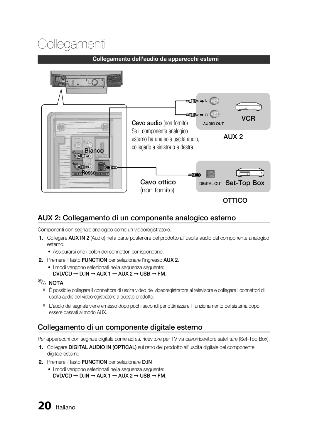 Samsung HT-D720/ZF AUX 2 Collegamento di un componente analogico esterno, Collegamento di un componente digitale esterno 