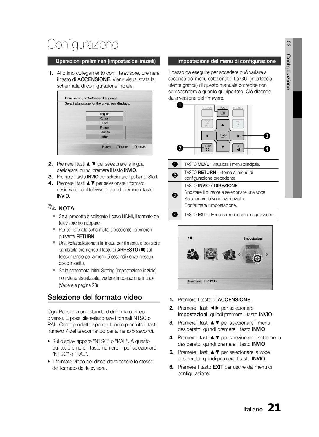 Samsung HT-D720/ZF manual Configurazione, Selezione del formato video, Invio Nota, Premere il tasto di Accensione 