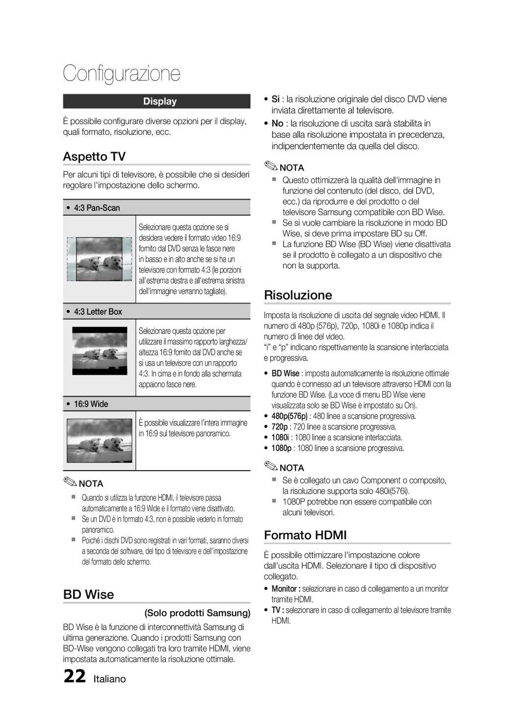 Samsung HT-D720/ZF manual Aspetto TV, BD Wise, Risoluzione, Formato Hdmi, Display 