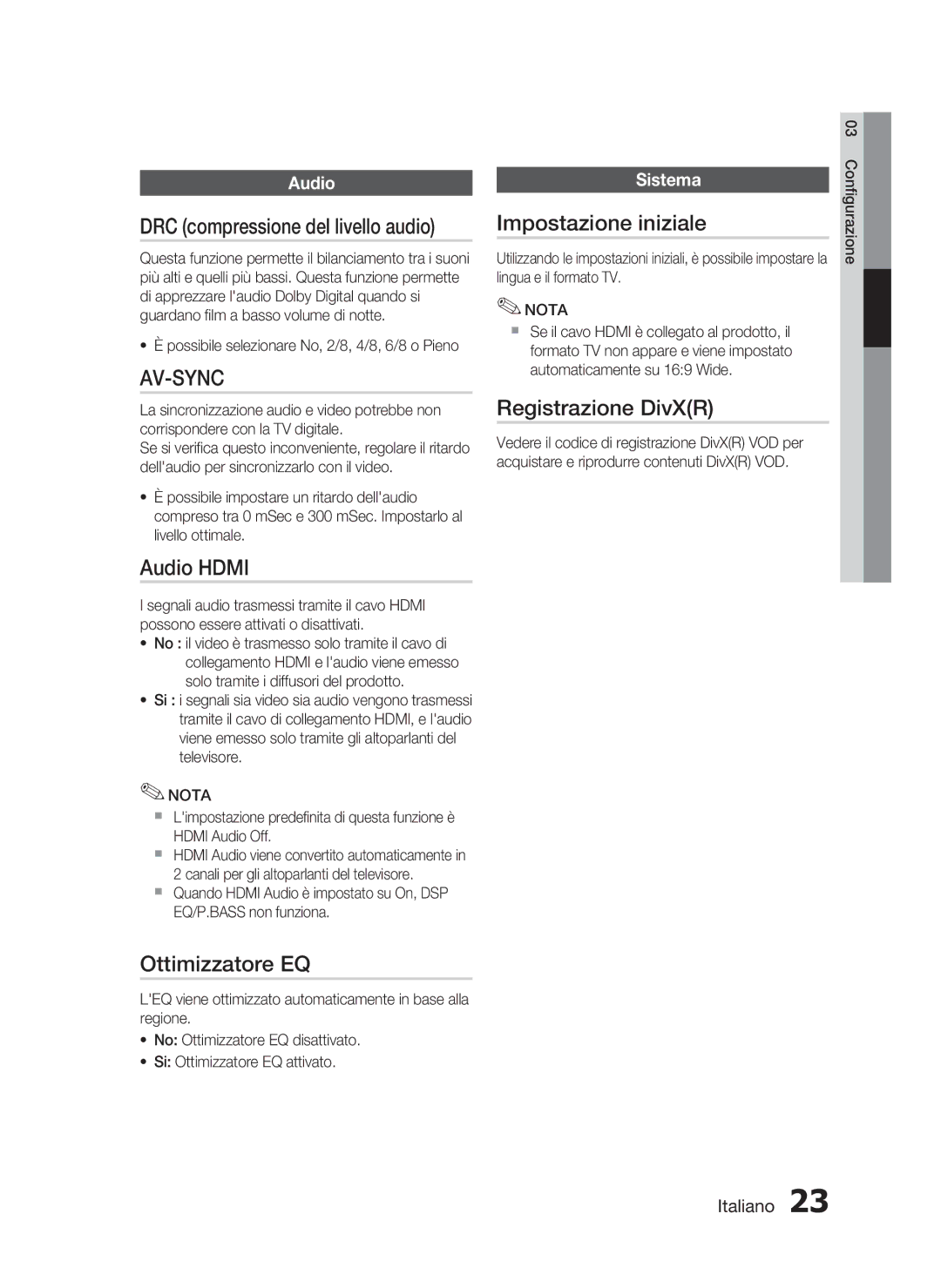 Samsung HT-D720/ZF manual DRC compressione del livello audio, Audio Hdmi, Ottimizzatore EQ, Impostazione iniziale 