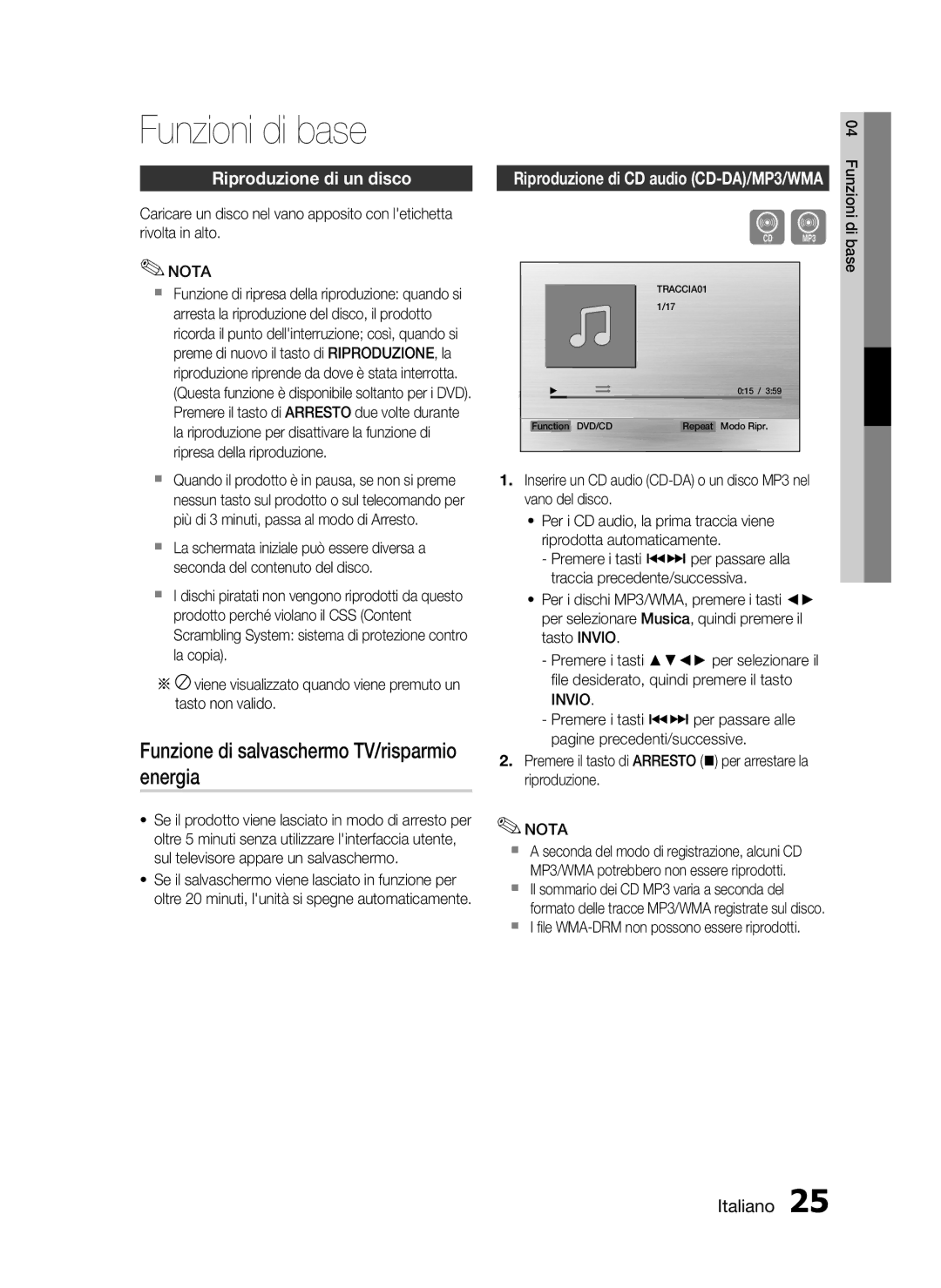 Samsung HT-D720/ZF manual Funzioni di base, Funzione di salvaschermo TV/risparmio energia, Riproduzione di un disco, Invio 