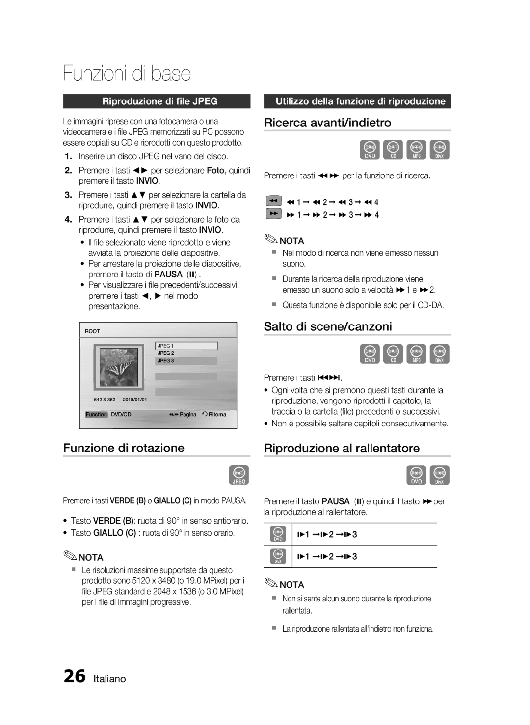 Samsung HT-D720/ZF Ricerca avanti/indietro, Salto di scene/canzoni, Funzione di rotazione, Riproduzione al rallentatore 