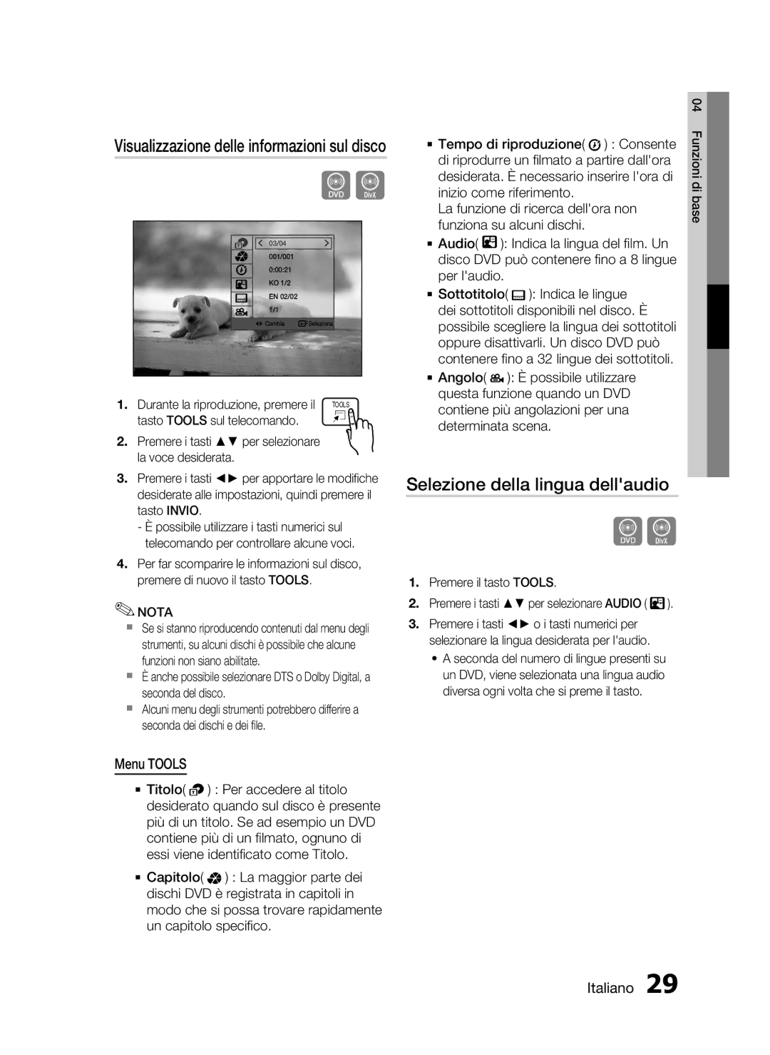 Samsung HT-D720/ZF manual Selezione della lingua dellaudio, Visualizzazione delle informazioni sul disco, Menu Tools 