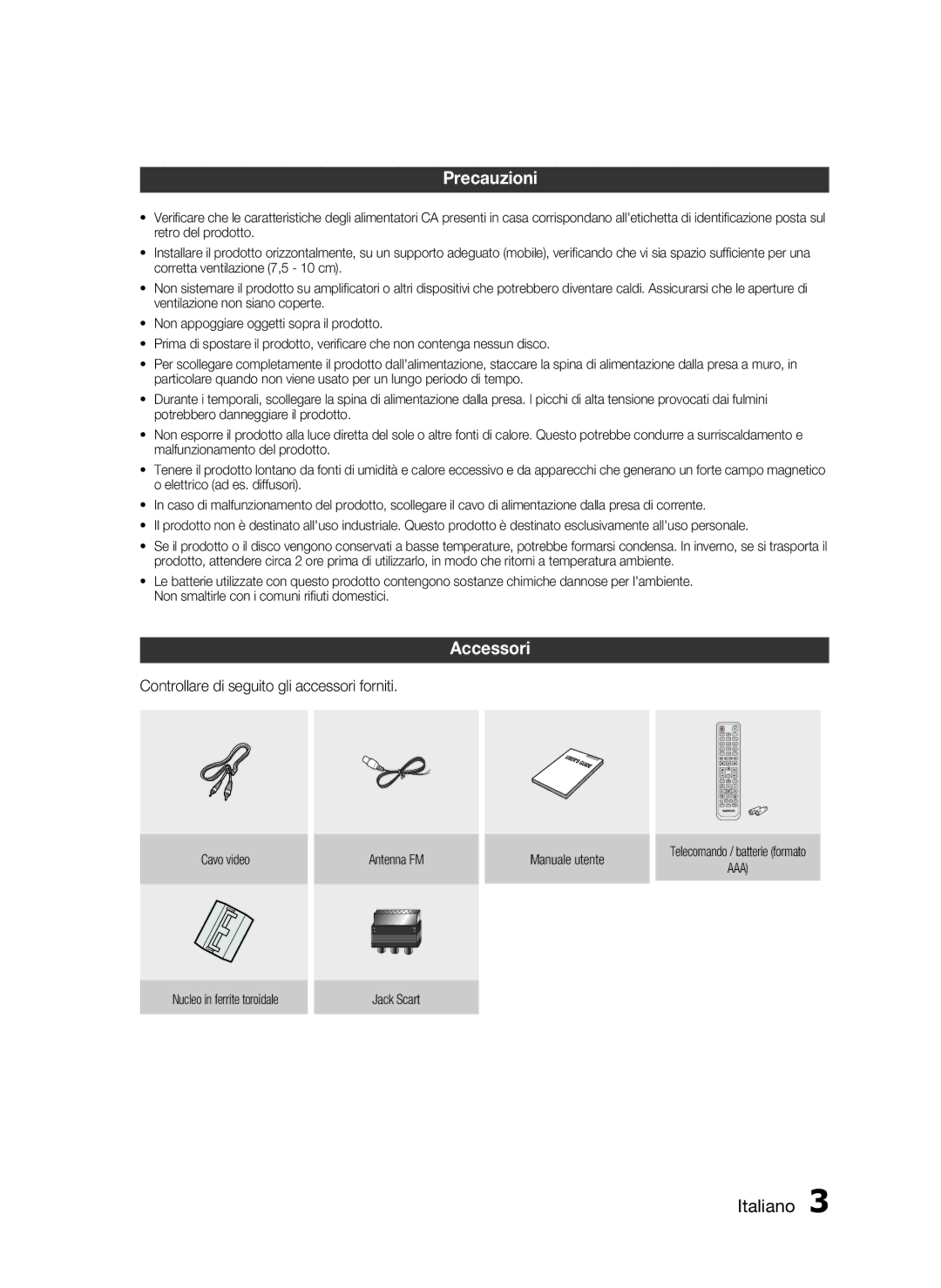 Samsung HT-D720/ZF manual Precauzioni, Accessori, Italiano , Controllare di seguito gli accessori forniti 