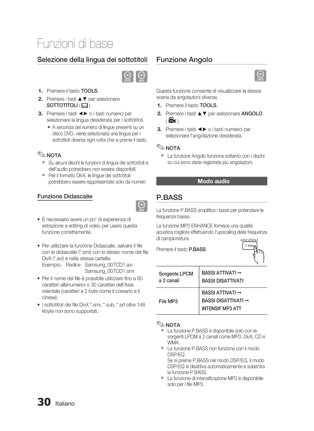 Samsung HT-D720/ZF manual Selezione della lingua dei sottotitoli, Funzione Angolo, Funzione Didascalie, Modo audio 