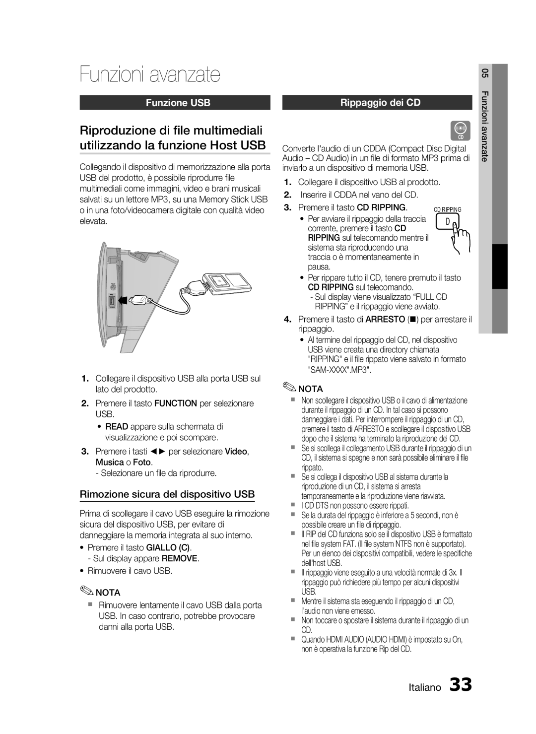 Samsung HT-D720/ZF manual Funzioni avanzate, Funzione USB, Rimozione sicura del dispositivo USB, Rippaggio dei CD 