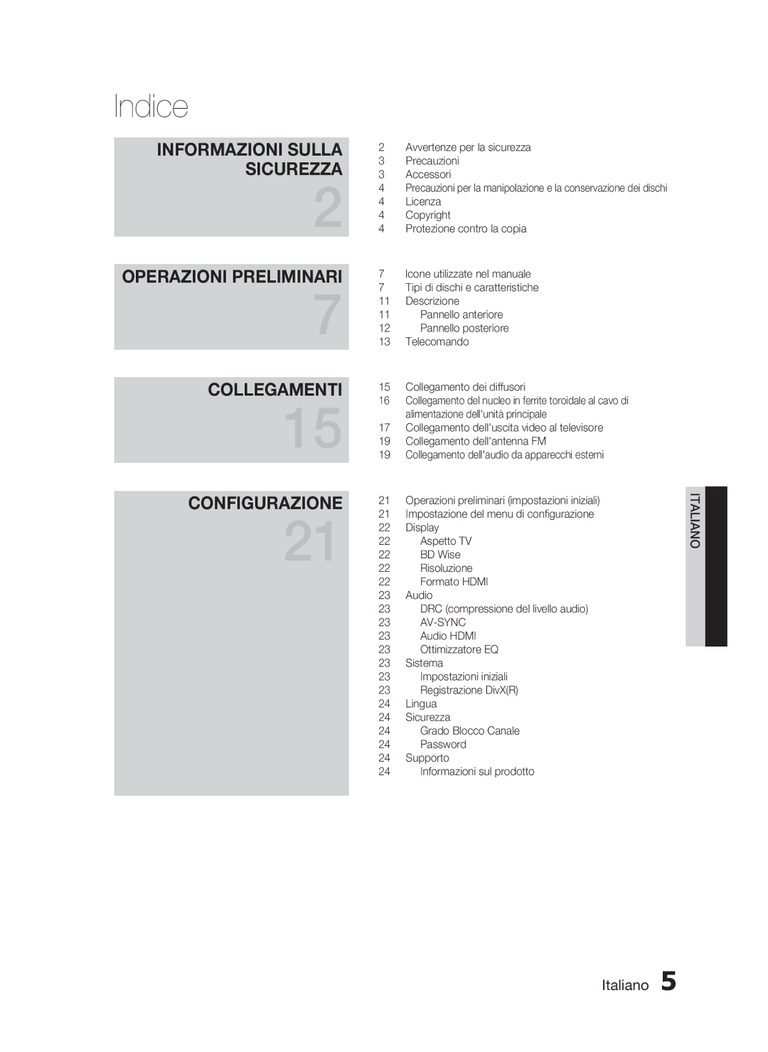 Samsung HT-D720/ZF manual Indice, Operazioni Preliminari Collegamenti Configurazione 