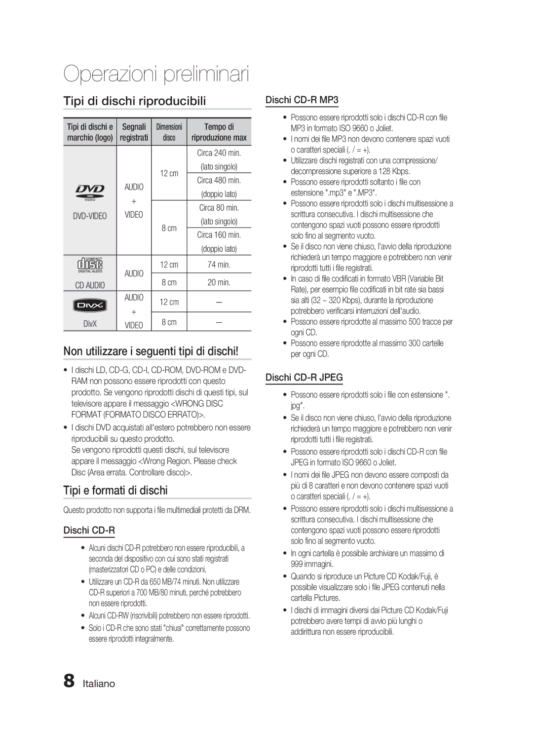 Samsung HT-D720/ZF manual Tipi di dischi riproducibili, Non utilizzare i seguenti tipi di dischi, Tipi e formati di dischi 