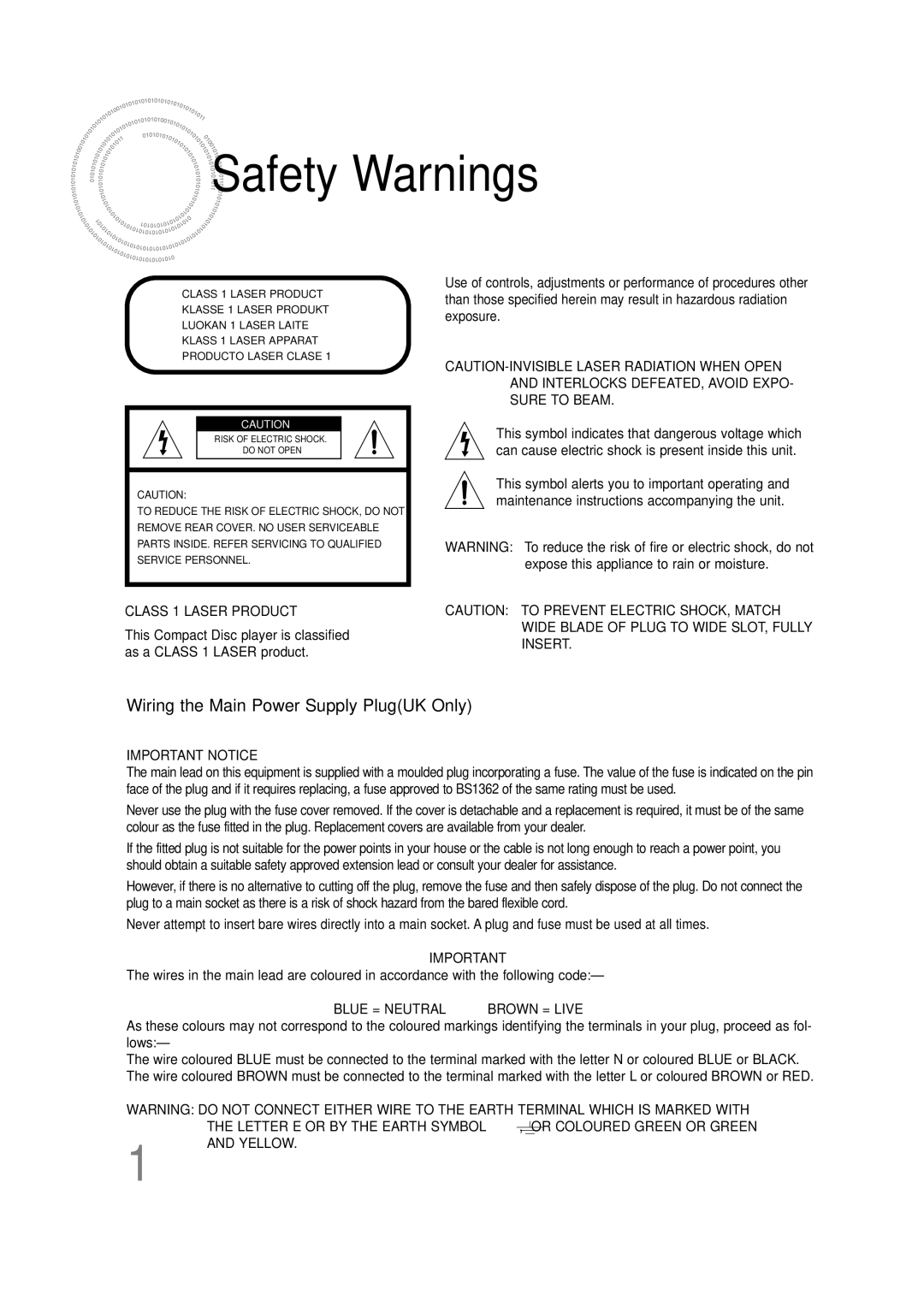 Samsung HTDB120RH/ELS, HT-DB120, HTDB120RH/EDC, HTDB120TH/ELS, HTDB120TH/EDC manual Safety Warnings, Class 1 Laser Product 