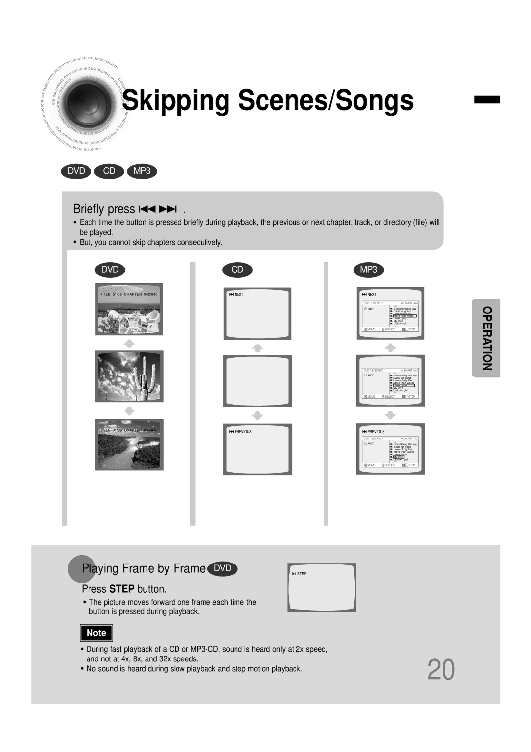 Samsung HTDB120TH/ELS, HT-DB120, HTDB120RH/EDC manual Skipping Scenes/Songs, Briefly press, Playing Frame by Frame DVD 