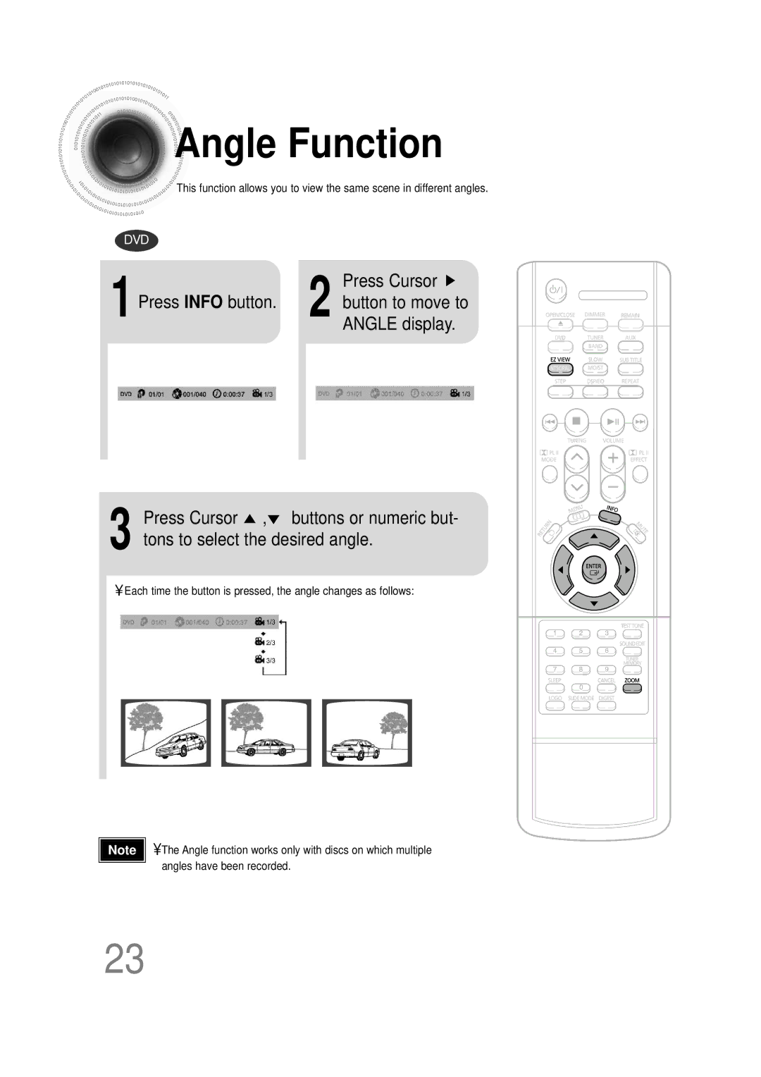 Samsung HT-DB120, HTDB120RH/EDC, HTDB120TH Angle Function, Press Cursor, Press Info button button to move to Angle display 