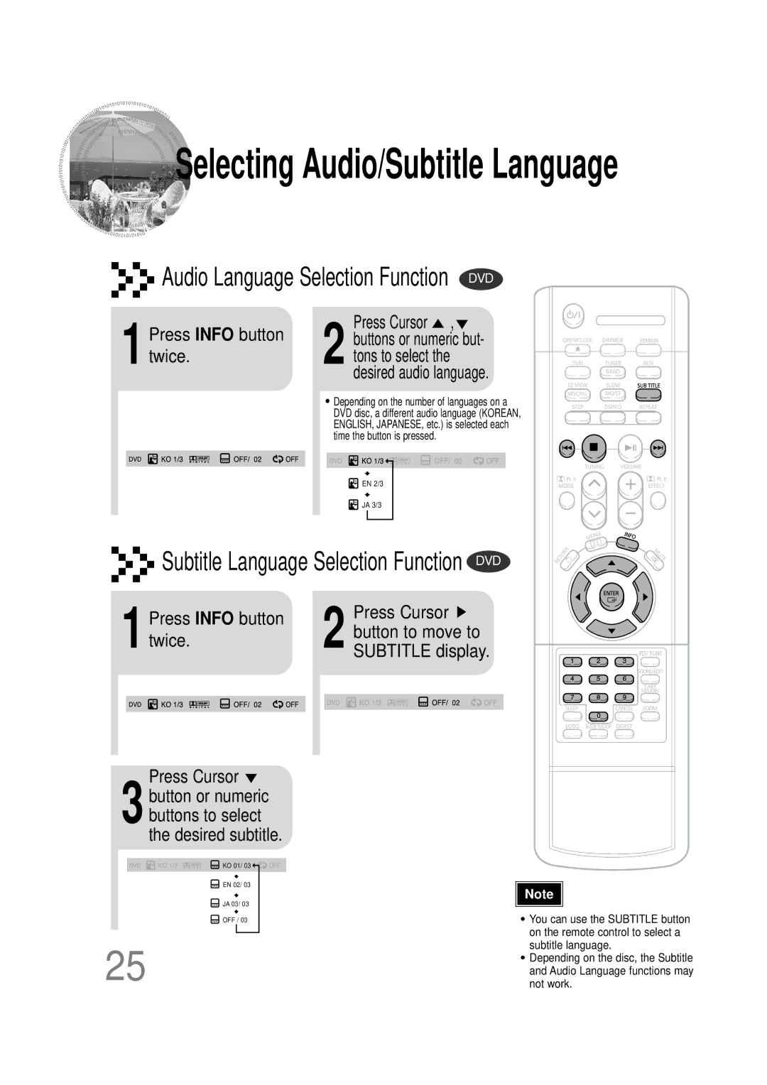 Samsung HTDB120RH/ELS, HT-DB120, HTDB120RH/EDC, HTDB120TH 1Press Info button twice, Desired audio language, Subtitle display 