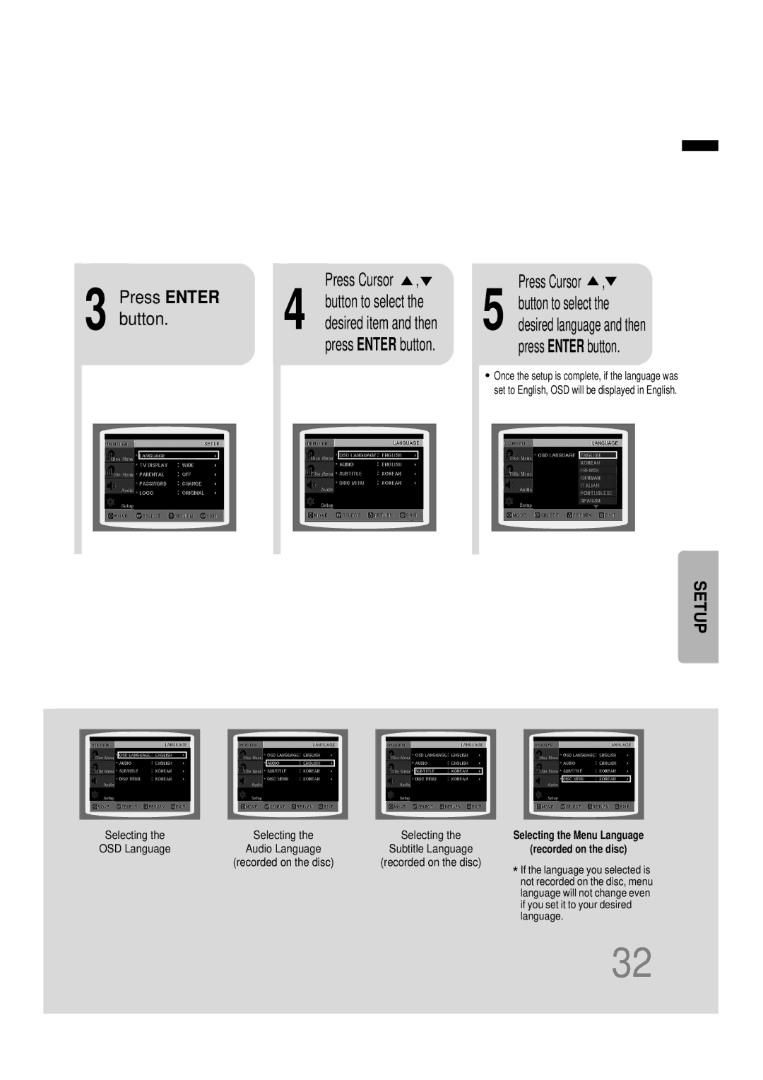 Samsung HTDB120TH/ELS, HT-DB120, HTDB120RH/EDC, HTDB120RH/ELS, HTDB120TH/EDC manual Press Enter Press Cursor, Button to select 