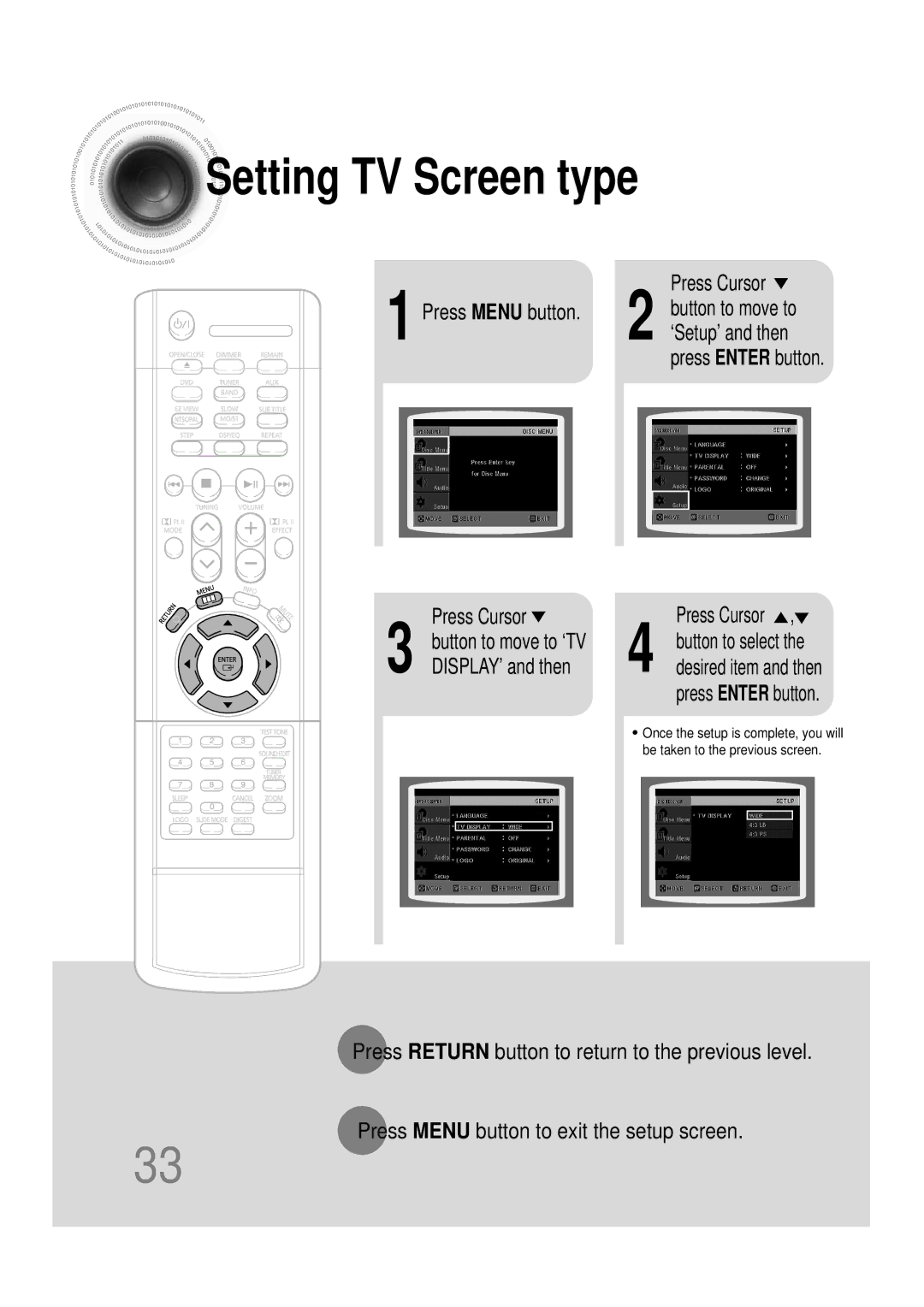 Samsung HTDB120TH, HT-DB120, HTDB120RH/EDC, HTDB120RH/ELS manual Setting TV Screen type, DISPLAY’ and then, Press Enter button 