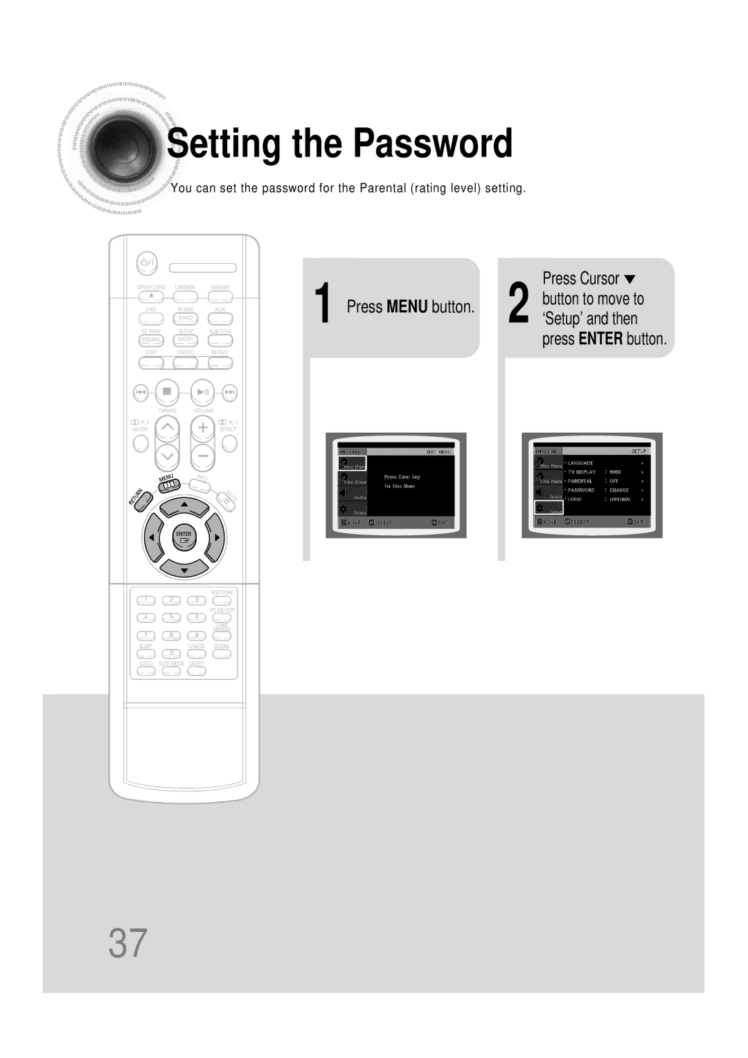 Samsung HTDB120RH/ELS, HT-DB120, HTDB120RH/EDC manual Setting the Password, Press Cursor Button to move to Press Menu button 