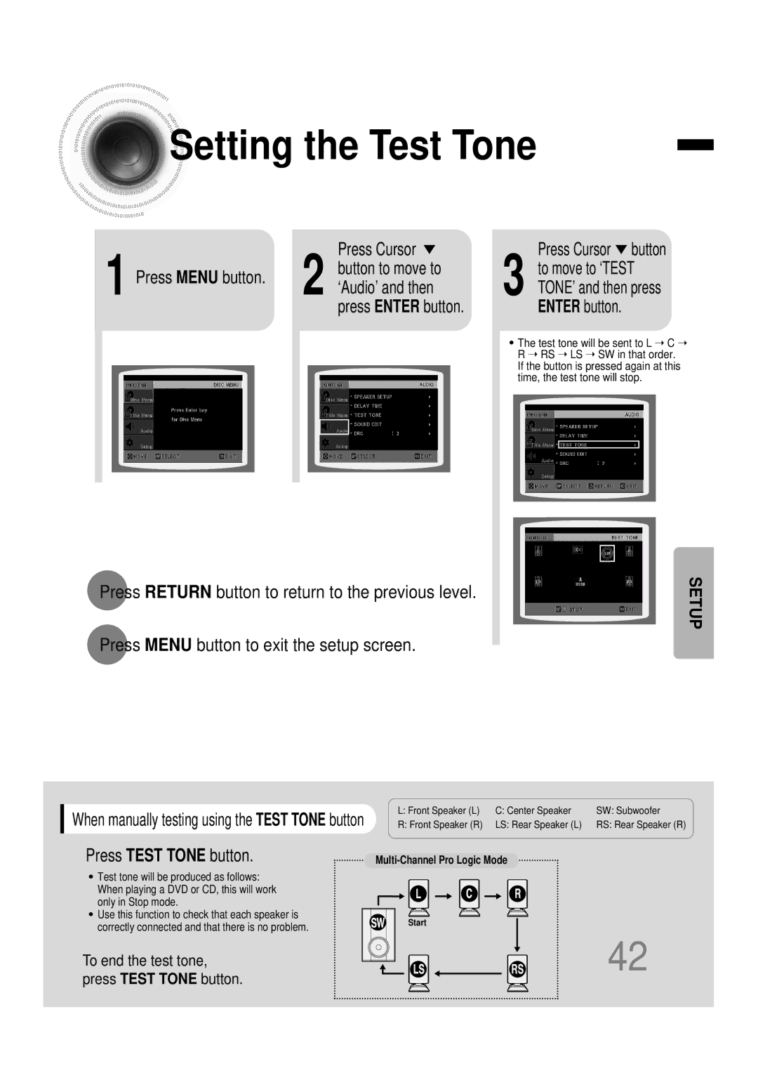 Samsung HTDB120RH/EDC, HT-DB120 manual Setting the Test Tone, ‘Audio’ and then, Press Test Tone button, To move to ‘TEST 