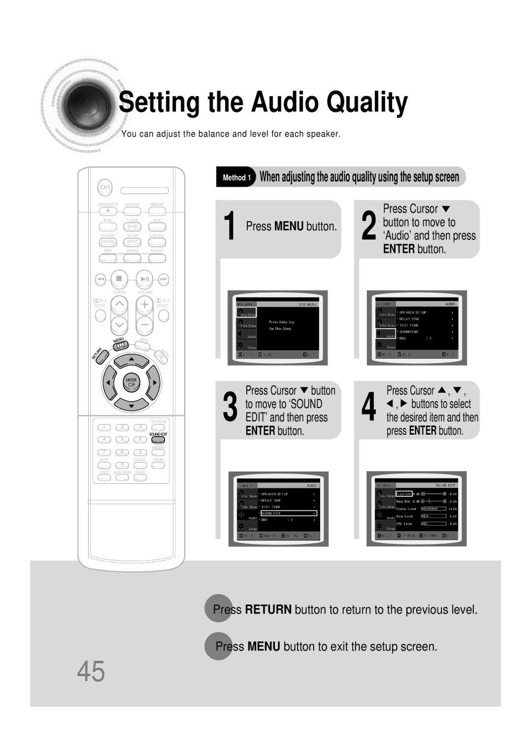 Samsung HTDB120TH, HT-DB120, HTDB120RH/EDC, HTDB120RH/ELS manual Setting the Audio Quality, Enter button Press Cursor button 