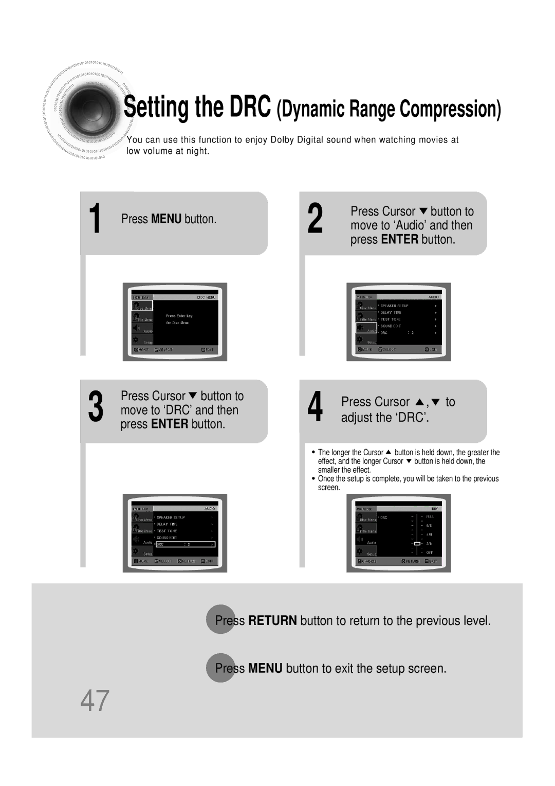 Samsung HT-DB120 manual Press Menu button, Press Cursor Adjust the ‘DRC’, Press Cursor button to, Move to ‘DRC’ and then 