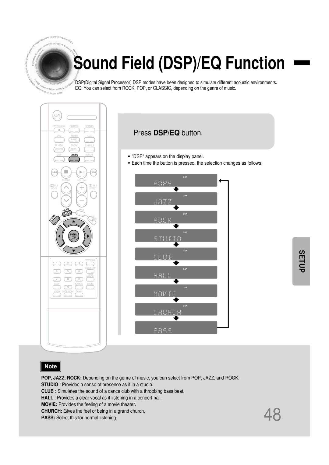 Samsung HTDB120RH/EDC, HT-DB120, HTDB120RH/ELS, HTDB120TH/ELS, HTDB120TH/EDC Sound Field DSP/EQ Function, Press DSP/EQ button 