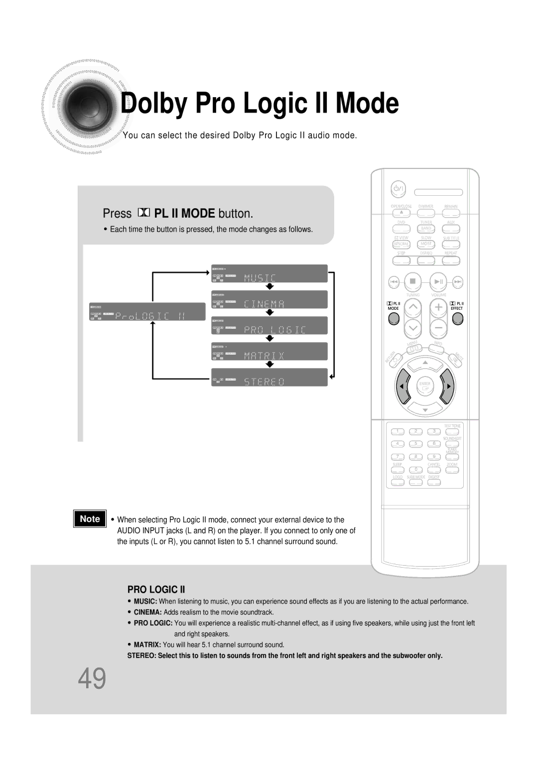 Samsung HTDB120RH/ELS, HT-DB120, HTDB120RH/EDC, HTDB120TH/ELS, HTDB120TH/EDC Dolby Pro Logic II Mode, Press PL II Mode button 