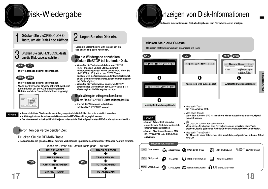 Samsung HTDB120RH/EDC Disk-Wiedergabe, Legen Sie eine Disk ein, Drücken Sie die INFO-Taste, Drü cken Sie die REMAIN-Taste 