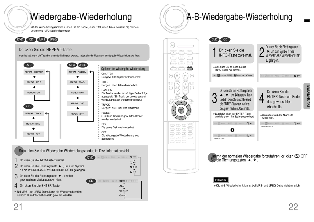 Samsung HT-DB120, HTDB120RH/EDC manual Wiedergabe -Wiederholung, Wiedergabe-Wiederholung, Drücken Sie die REPEAT-Taste 