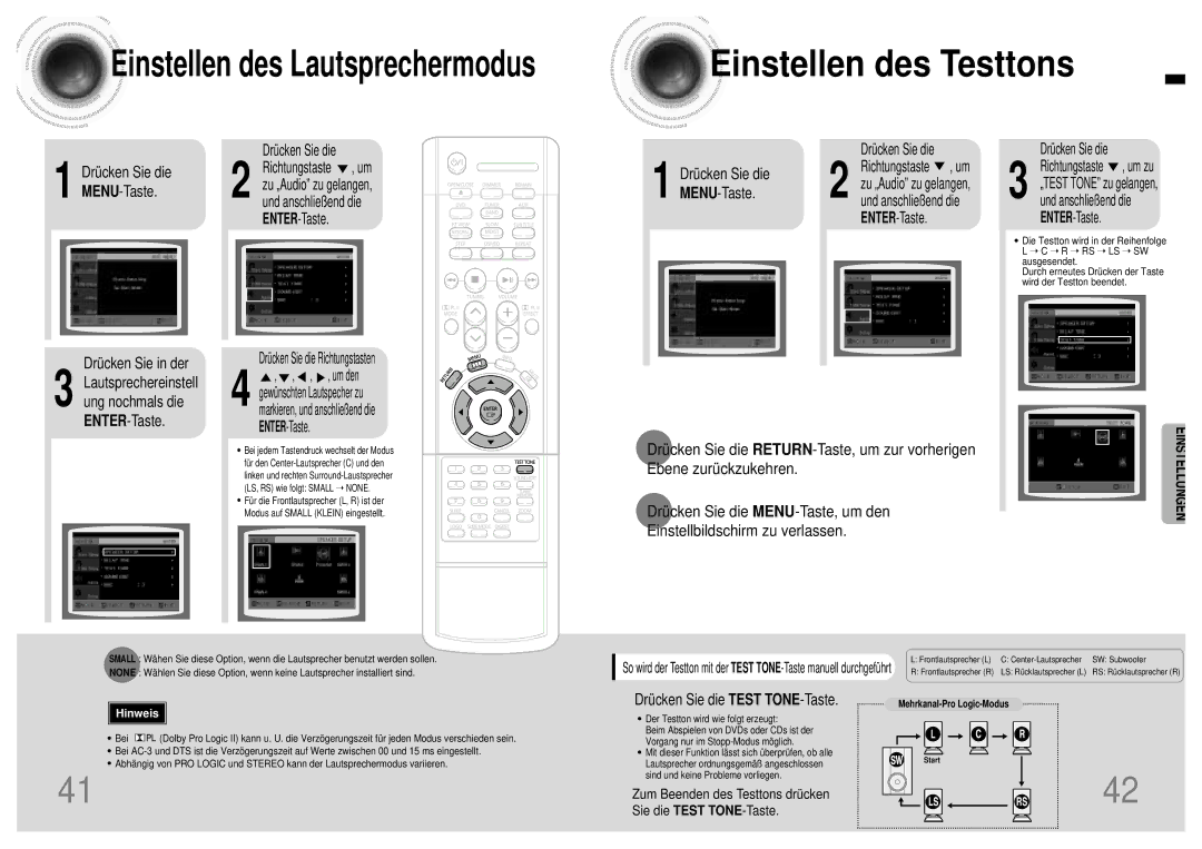 Samsung HTDB120RH/EDC, HT-DB120, HTDB120TH/EDC Einstellen des Testtons, Drücken Sie in der, Drücken Sie die Test TONE-Taste 