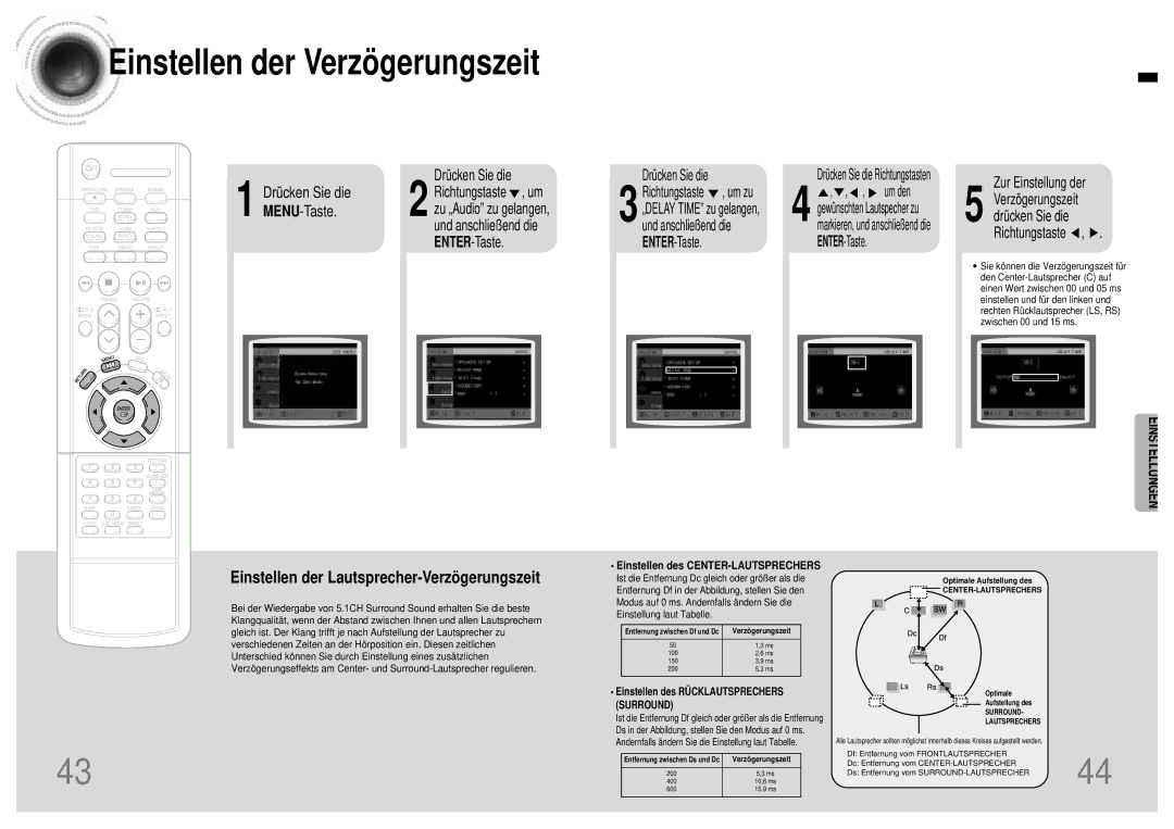 Samsung HTDB120TH/EDC, HT-DB120, HTDB120RH/EDC manual Einstellen der Verzögerungszeit, Einstellen des CENTER-LAUTSPRECHERS 