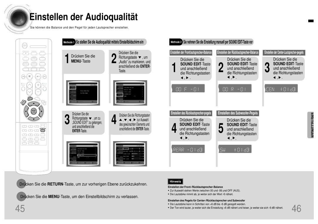 Samsung HT-DB120, HTDB120RH/EDC Drücken Sie die Sound EDIT-Taste, Sound EDIT-Taste und anschließ end die Richtungstasten 