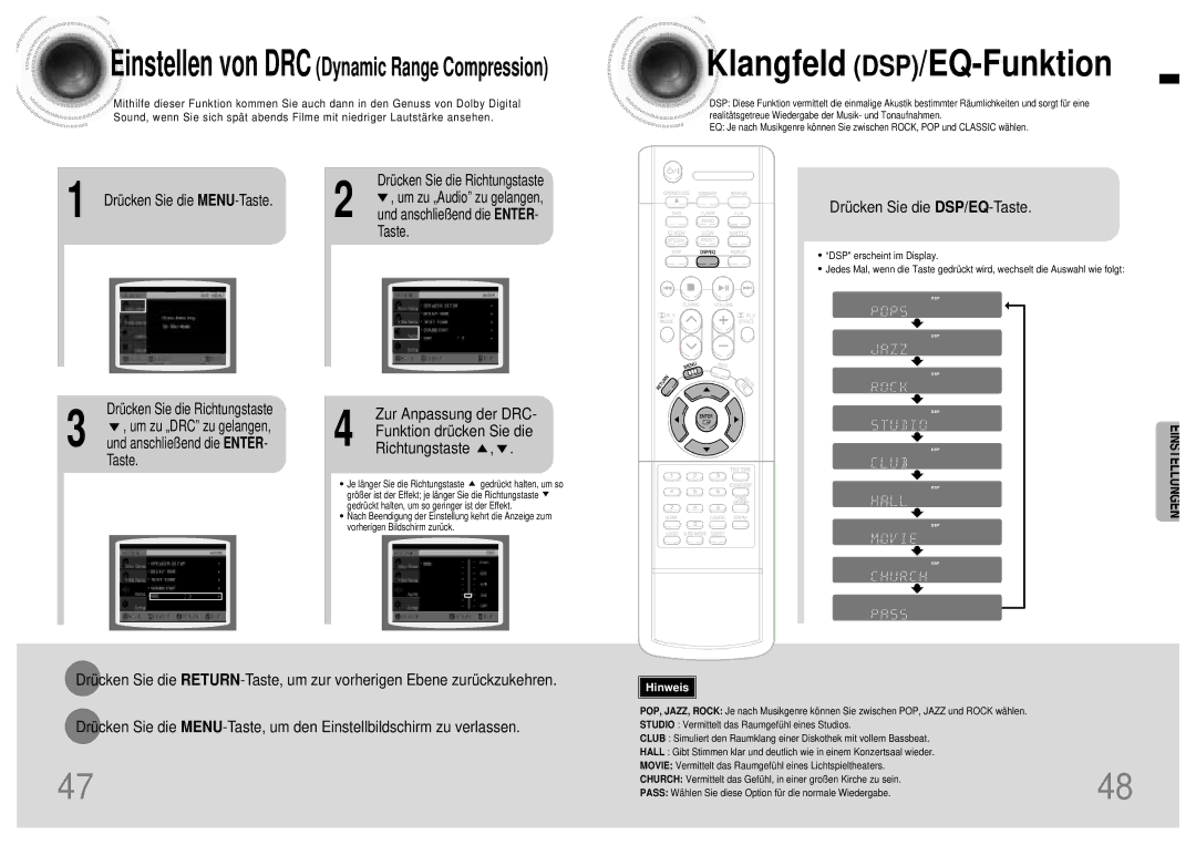 Samsung HTDB120RH/EDC, HT-DB120 Drücken Sie die DSP/EQ-Taste, Drücken Sie die Richtungstaste, Um zu „Audio zu gelangen 