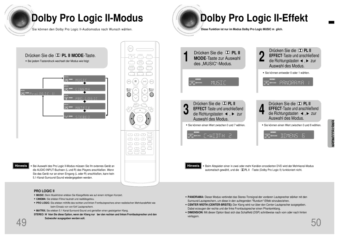 Samsung HTDB120TH/EDC, HT-DB120 Dolby Pro Logic II-Modus, Dolby Pro Logic II-Effekt, Drücken Sie die PL II MODE-Taste, Zur 