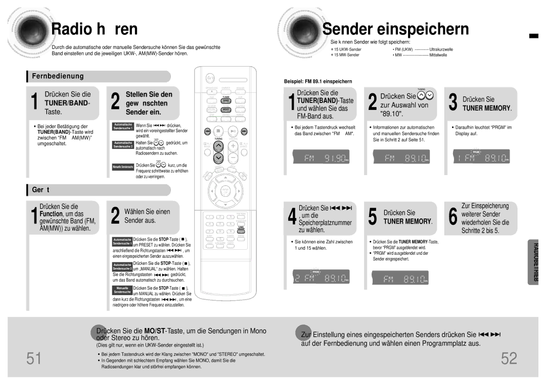 Samsung HT-DB120 Radio hö ren, Sender einspeichern, Fernbedienung, TUNER/BANDTaste Stellen Sie den Gewü nschten Sender ein 