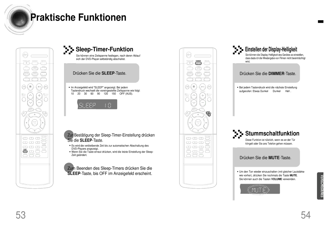 Samsung HTDB120RH/EDC Praktische Funktionen, Sleep-Timer-Funktion, Drücken Sie die SLEEP-Taste, Drücken Sie die MUTE-Taste 