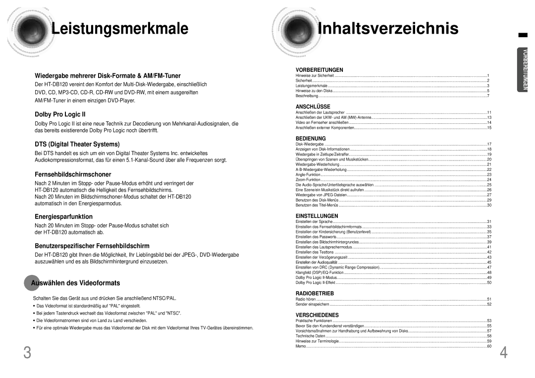 Samsung HT-DB120, HTDB120RH/EDC, HTDB120TH/EDC manual Leistungsmerkmale, Auswählen des Videoformats 