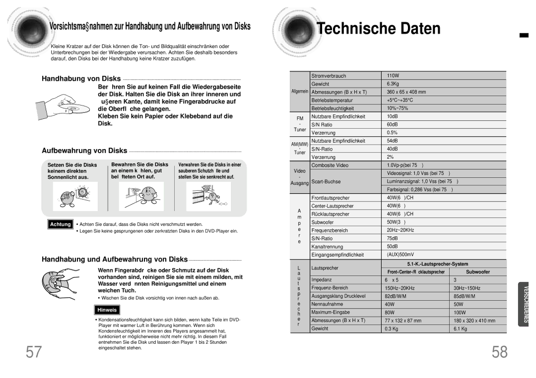 Samsung HT-DB120, HTDB120RH/EDC, HTDB120TH/EDC manual Technische Daten 