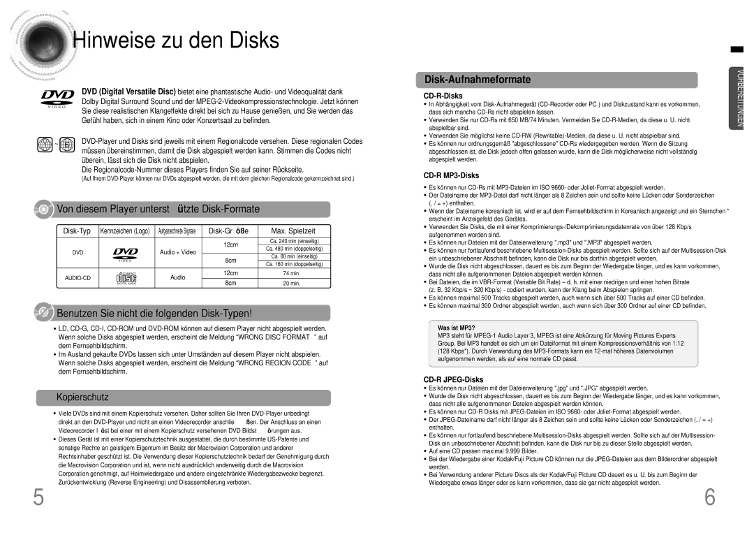 Samsung HTDB120RH/EDC, HT-DB120, HTDB120TH/EDC manual Hinweise zu den Disks, Kopierschutz 